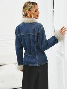 SHEIN Privé Denim Jacket With Fleece Collar, Contrast Stitch, Double Chest Pocket Design - Medium Wash - View 2