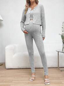 SHEIN 孕婦鈕扣前裝飾上衣,肋結束緊身衣和褲子3件套裝