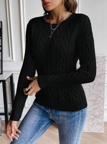 EMERY ROSE Solid Color Cable Knit Sweater Pullover,Long Sleeve Tops Knit Pullover Fall Winter Sweater - Black - View 4