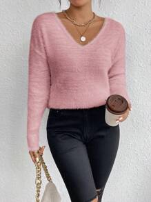 SHEIN LUNE Women's Plush V-Neck Sweater,Long Sleeve Tops Knit Pullover Fall Winter Sweater - Dusty Pink - View 6