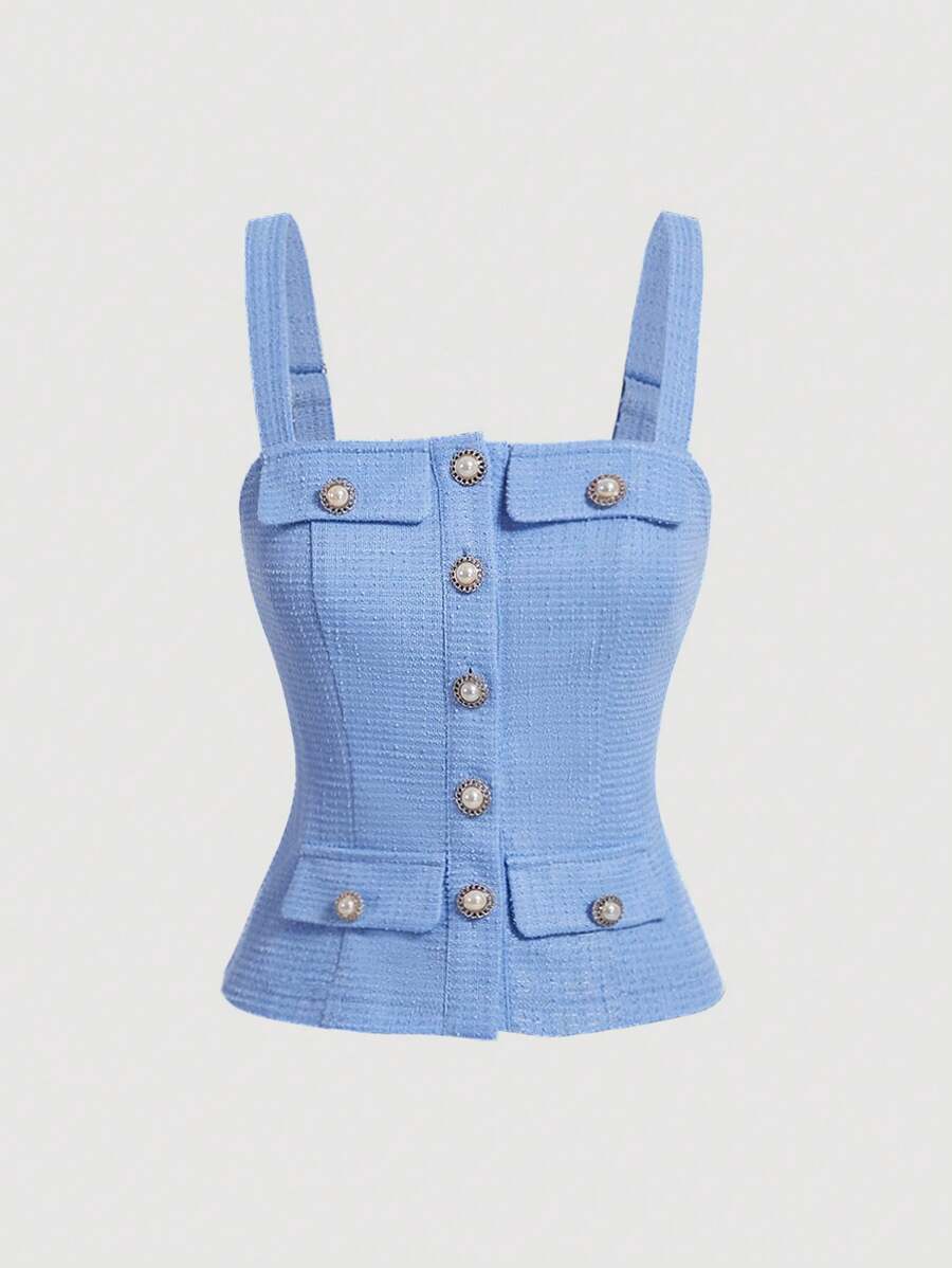 SHEIN MOD Women's Elegant Button Up Camisole For Summer - Blue - View 1