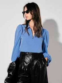 Anewsta Ladies' Solid Color Turn-down Collar Long Sleeve Pullover Top - Baby Blue - View 6