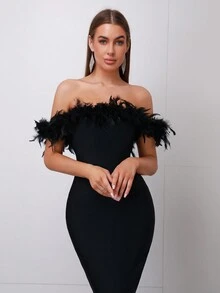 Modphy Fake Feather Strapless Shoulder Bandage, Medium Length Party Dress - Black - View 6