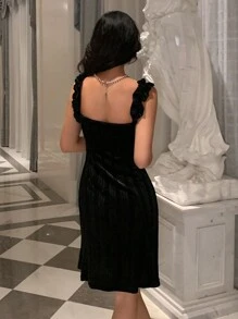 Dazy Designer Women's Sleeveless Dress With Frill Shoulder Straps Prom Dress - Black - View 2