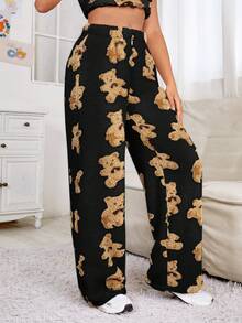 SHEIN Qutie Pantalones Rectos Con Patrón De Osos Cariñosos - Negro - Ver 3