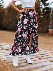 SHEIN VCAY Của phụ nữ Hoa In Váy Với Ren Cắt tỉa Hem Và Cao - Nhiều màu - Xem 5