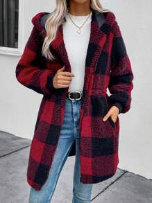 SHEIN Essnce Women's Plaid Hooded Regular Fit Jacket - Red - View 4