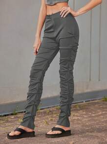 SHEIN Unity 女用褶襉拉鍊門襟長褲 - 灰色 - 查看 5