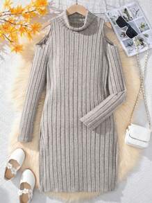 Váy dài tay hở vai cho bé gái tuổi teen - Màu Khaki - Xem 1