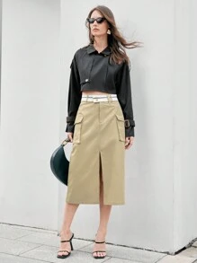 Anewsta Flip Túi Viền mép Váy - Màu Khaki - Xem 3