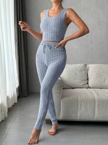 Ladies' Solid Color Rib Knit Tank Top, Long Pants And Cardigan Three-piece Set For Home