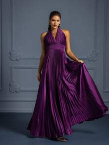 Purple Pleated Dress For Party & Evening - Purple - View 4