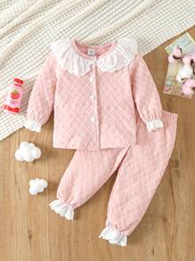 Girls Baby Eyelet Embroidery Ruffle Trim Flounce Sleeve PJ Set - Pink - View 1