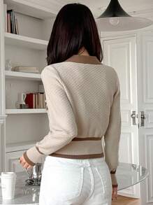 DAZY 女士秋季撞色长袖纽扣设计休闲商务开衫，女士春秋休闲纽扣常规袖 V 领常规版型多色拼色女士开衫，休闲日常穿着，长袖上衣 - 彩色 - 查看 2