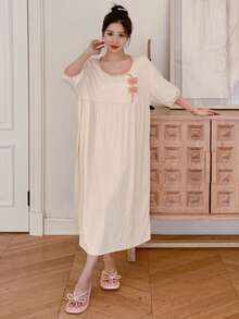 DAZY Women's Bow Decorated Contrast Color Collar Home Dress - Beige - View 8