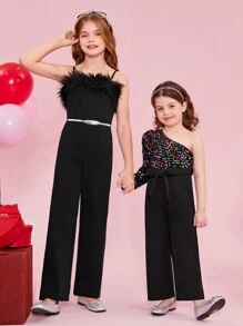 SHEIN Girls' Knitted Plain Camisole Top With Collar & Jumpsuit, Sold Separately - Black - View 1