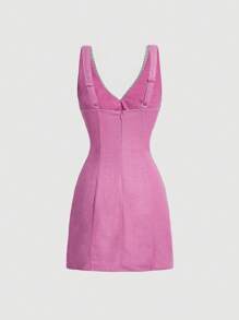 SHEIN MOD 女式珍珠仿裝飾蝴蝶結吊帶裙 - 玫紅色 - 查看 2