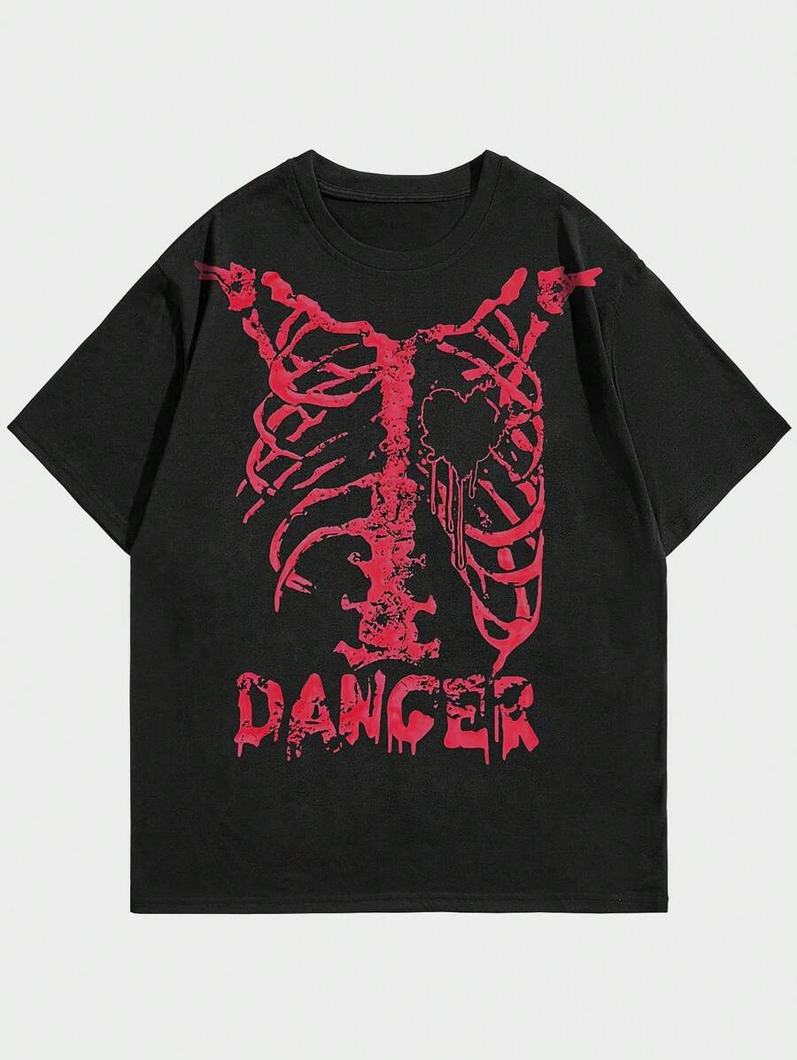 ROMWE MEN Goth 男士骷髏字母印花 T 卹 - 黑色 - 查看 1