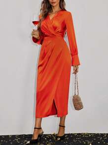 SHEIN Clasi 女款純色 V 領裹身連身裙 - 橘色 - 查看 8