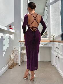 SHEIN Cottnline Ladies' Backless Metalic Glitter Strappy Dress - Purple - View 1