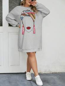 SHEIN LUNE Plus Size Women's Figure Printed Sweatshirt Dress - Grey - View 4