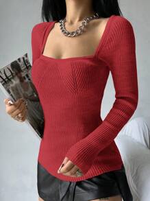 Cloudara Square Neck Ribbed Knit Sweater - Red - View 3