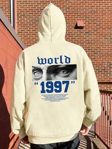 Men Slogan & Figure Graphic Kangaroo Pocket Drawstring Hoodie - Khaki - View 7