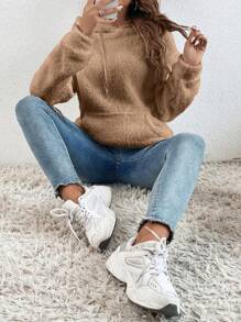 SHEIN EZwear Kangaroo Pocket Drop Shoulder Drawstring Teddy Hoodie - Camel - View 7