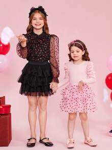Tween Girls' Lace Stand Collar Puff Sleeve Sheer Heart Pattern Shirt With Bow Decoration, Sibling Outfits Matching Outfits (2 Pieces Sold Separately) - Black - View 2