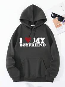 Men's Letter And Heart Print Hooded Casual Sweatshirt - Dark Grey - View 1