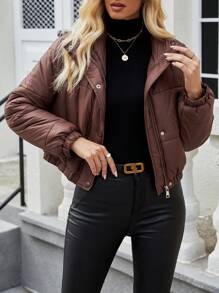 SHEIN LUNE Ladies' Zipper Front Padded Padded Coat Clothes Winter - Brown - View 4