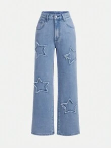 SHEIN Teen Girl Star Patch Elastic Slim Flare Pants, Y2K Streetwear Style