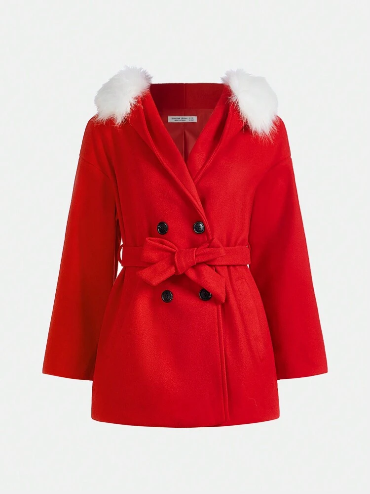 Teen Girl Double Breasted Fuzzy Trim Hooded Belted Overcoat for Christmas