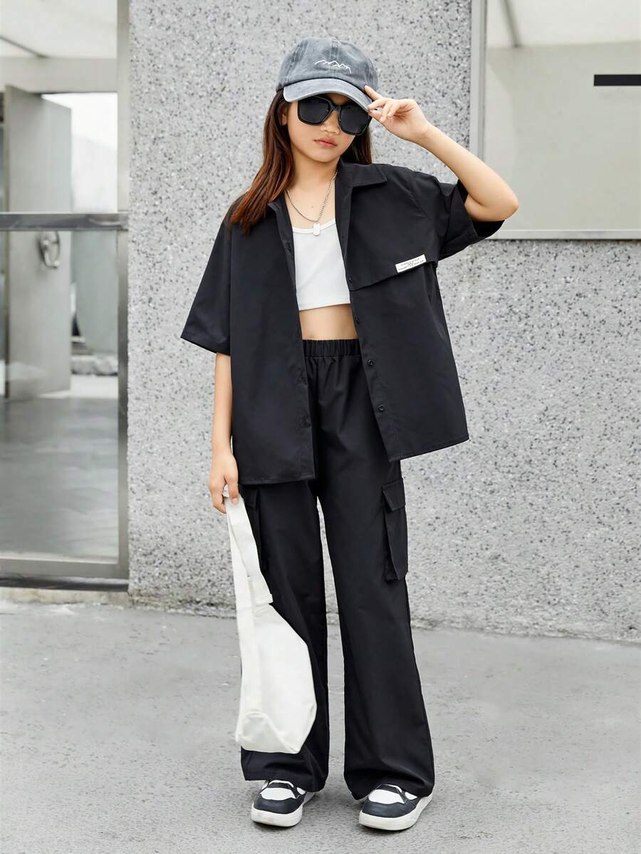 SHEIN Leap Crew Tween Girls' Loose Fit Casual Drop Shoulder Shirt And Pants Set - Black - View 1
