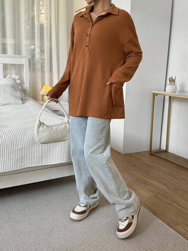 Casual Loose Fit Buttons Half Waffle T-shirt