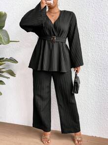 SHEIN Clasi Plus Size Women's Pleated Belted Two-piece Set - Black - View 4