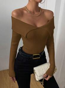 Chiquease Suéter de punto con hombros descubiertos y cordón, para otoño e invierno - Café integral - Ver 7