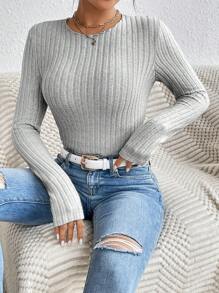 SHEIN Frenchy Women's Solid Color Ribbed T-shirt - Grey - View 1