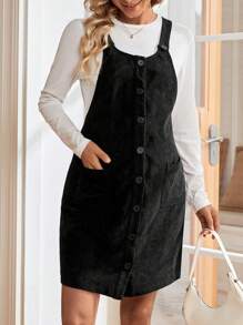 SHEIN Maternity Corduroy Nursing Overall Dress - Black - View 1