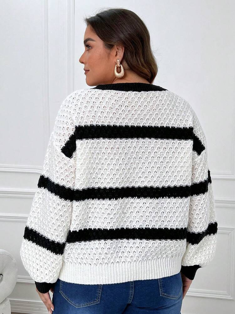 Women's Plus Size Striped Drop Shoulder Sweater Knit Pullover Fall Winter Sweater