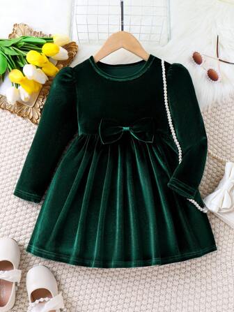 Baby Girl Bow Decor Puff Sleeve Dress