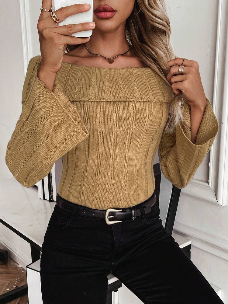 Women's Off-Shoulder Ribbed Knit Pullover Fall Winter Sweater