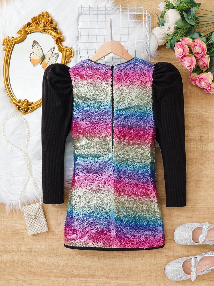 Girls' Rainbow Sequin Embroidery Leg-of-mutton Sleeve Long Sleeve Party Dress For Big Kid
