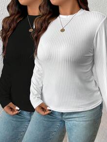 SHEIN Frenchy 大尺碼女士純色圓領紋路長袖t卹 - 黑與白 - 查看 3