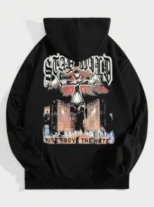 ROMWE MEN Goth 男士圖案印花連帽抽繩拉鍊運動衫