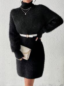 SHEIN Frenchy Quý cô Chất rắn Có màu sắc Cổ cao Sang trọng Đầm Áo len - màu đen - Xem 5