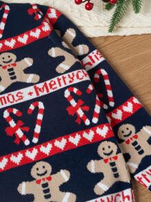 SHEIN Suéter Con Patrón Del Hombre De Jengibre De Navidad Y Bastón De Caramelo Para Niña Pequeña - Azul Marino - Ver 3