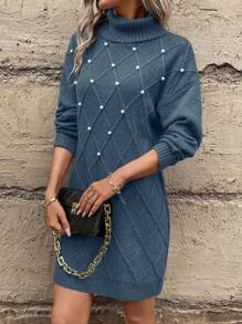 SHEIN LUNE 休閒女士垂肩拼接珍珠裝飾毛衣裙 - 霧霾藍 - 查看 6