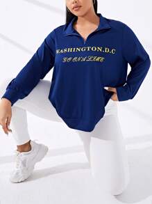 SHEIN Sports 大碼字母圖案落肩袖1/4拉鍊運動衛衣 - 藏蓝色 - 查看 1