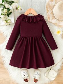 Infant Baby Girls' Lovely Long Sleeve Ruffled Hem Dress - Burgundy - View 2